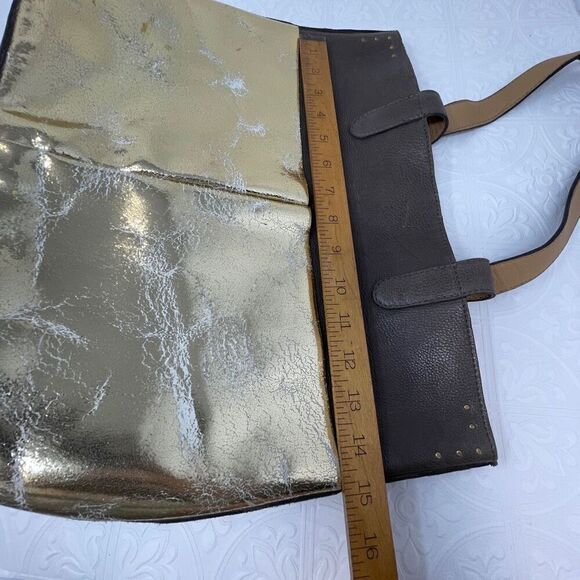 Calleen Cordero Brown Gold Metallic Genuine Leather Large Tote Bag - Picture 10 of 11